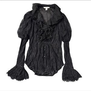 Vintage 2000s Black Lace Victorian Blouse Piratecore Gothic Ruffled Bell Sleeves